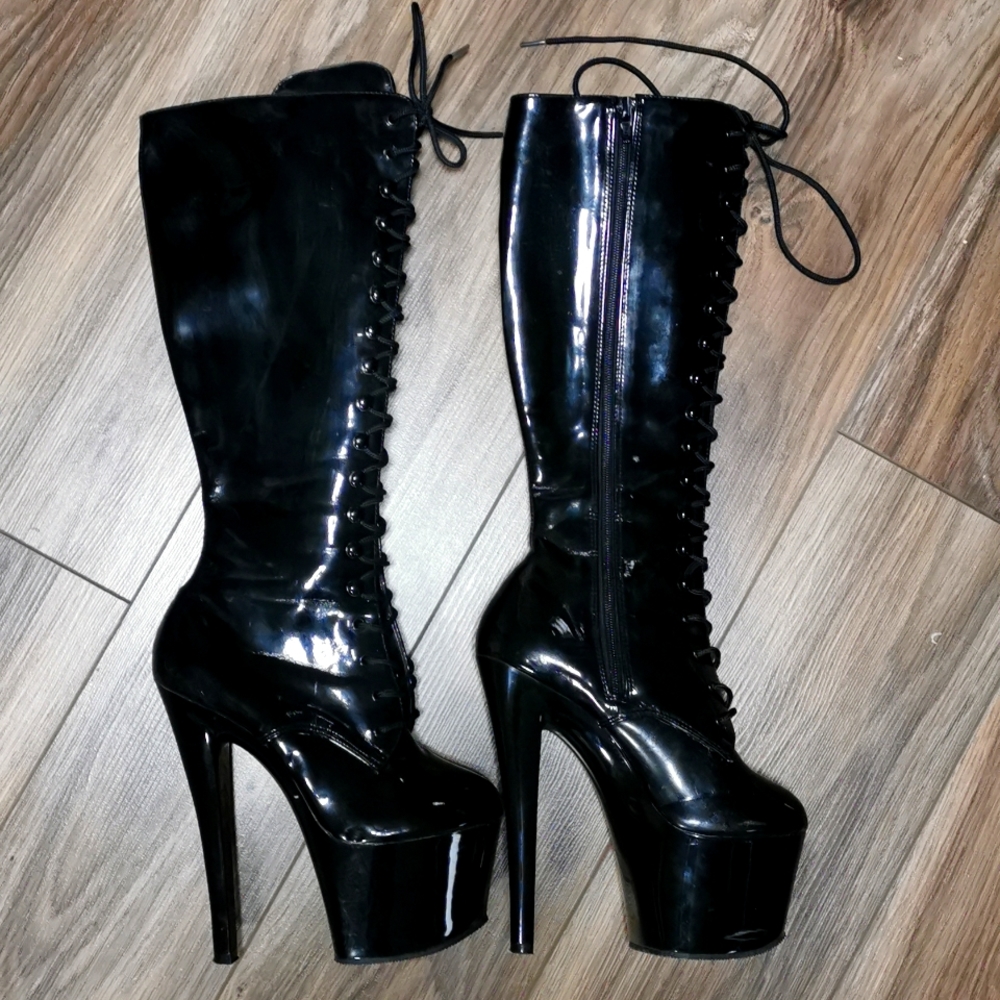 Pleaser Adore 2023 Patent Leather Knee High Platform 7" Stiletto Boots, Size 6